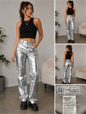 Gap Cheeky Straight High Rise Metallic Silver Pants Size 29/8 Futuristic Y2K